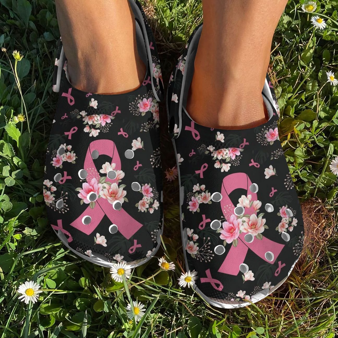 Breast Cancer Personalized Clog, Custom Name, Text, Color, Number Fashion Style For Women, Men, Kid, Print 3D Breast Cancer And Flowers