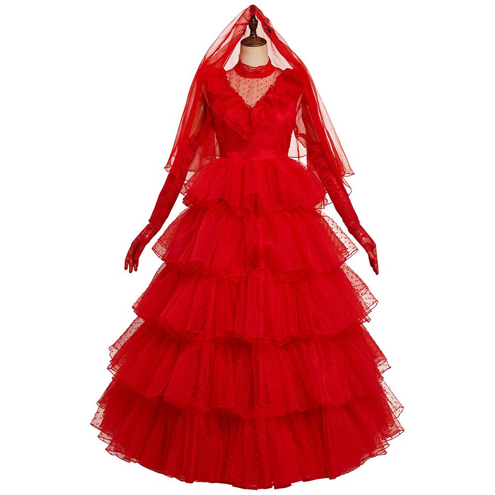 Beetle Cosplay Juice Costume Lydia Red Wedding Dress Outfits Women Retro Long Sleeve Lace Tulle Bride Gown Halloween Party Suit alx