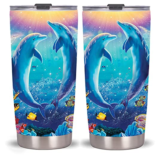 Dolphin Tumbler-Stainless Steel Travel Mug With Lid And Straw