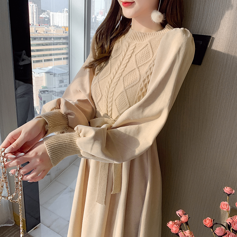 Autumn and Winter Knitted Splice Long Sleeve Dress Temperament Belt Slim Underskirt Women’s Outgoing A-line Dress 2022 New Dress alx