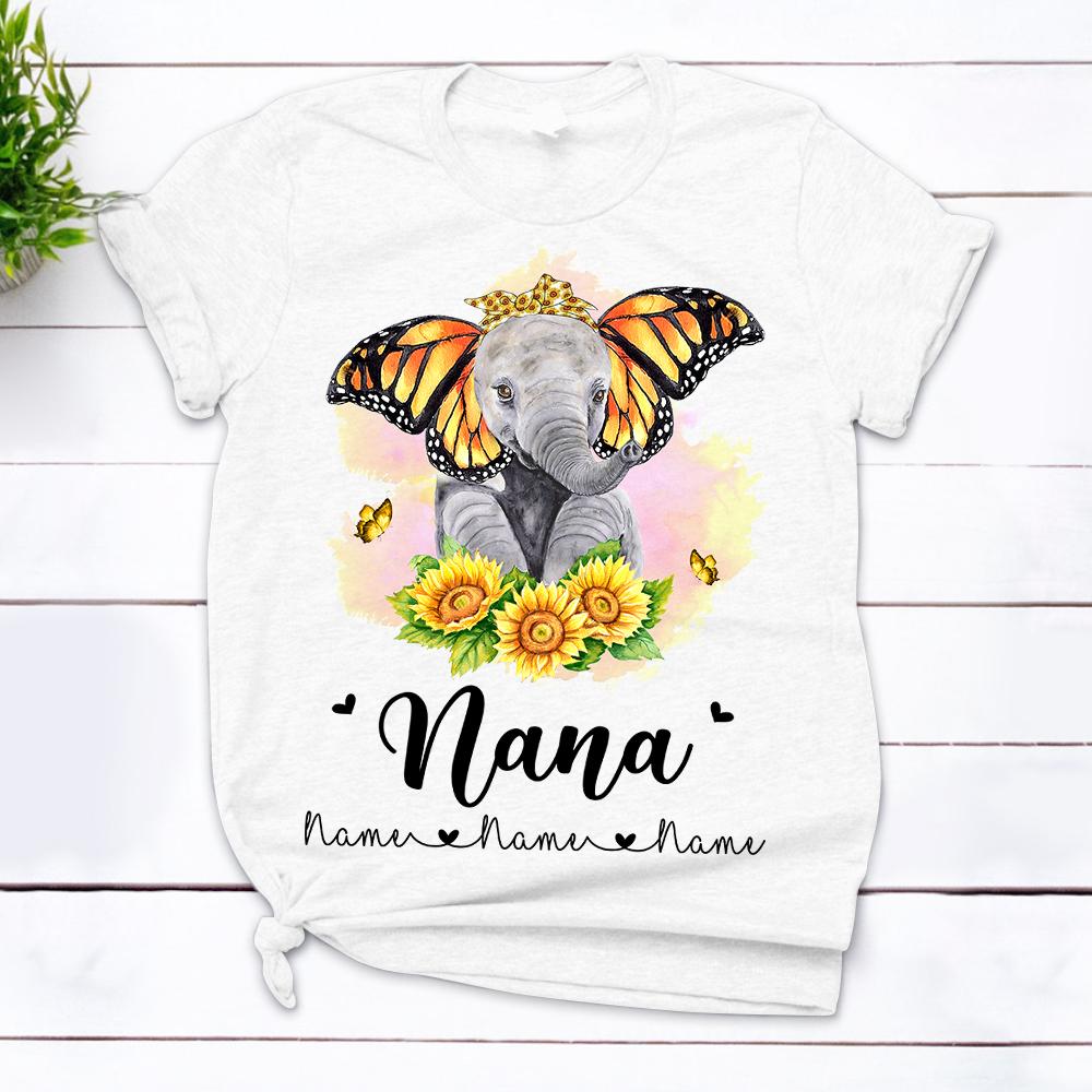 Personalized Nana Cute Elephants With Butterfly Ears T Shirt Funny Nana With Grandkids Names Shirt Gift For Grandma Nana