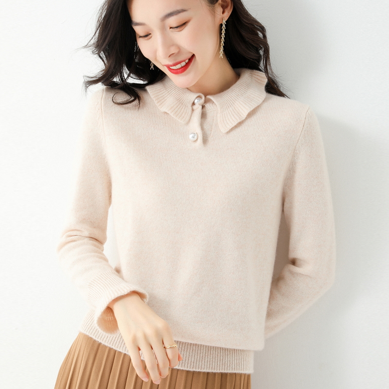 Autumn and Winter Cashmere Wool Sweater Woman POLO Collar Pearl Fungus Design Pullover Casual Knitted Jacket To Keep Warm alx