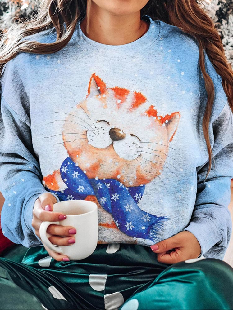 Scarf Cat Snow Print Sweatshirt