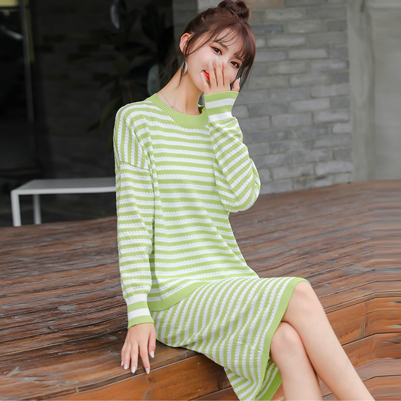 Autumn Women Knitted Two Piece Set Sweater Suits Striped Pullover + Slim Midi Skirts Set Female Outfits Oversize Warm Tracksuit alx