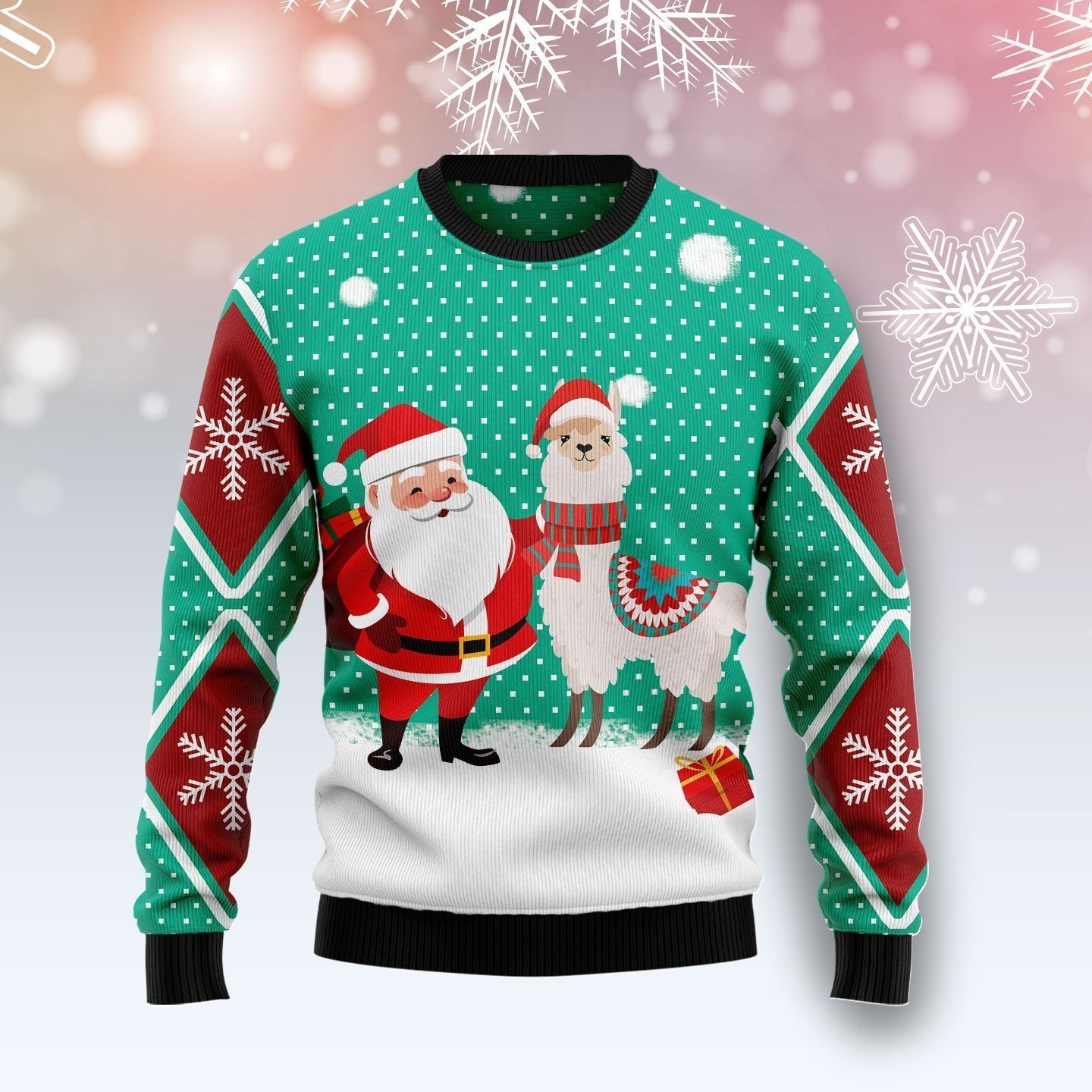 Unifinz Llama Christmas Ugly Sweater Santa Claus And Llama Snowflakes Green Red Sweater 2022