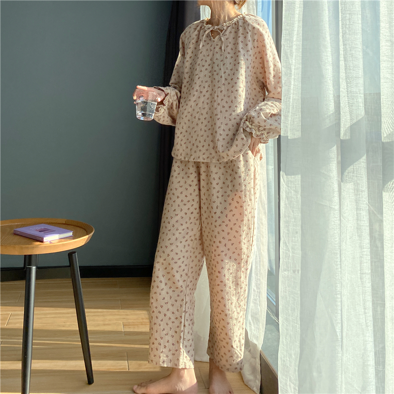 Spring Autumn 100% Cotton Pajamas Set Shivering Cherry Print Lace Sleepwear Pyjamas Pants 2 Pcs Long Sleeve Homewear Suit Y036 alx