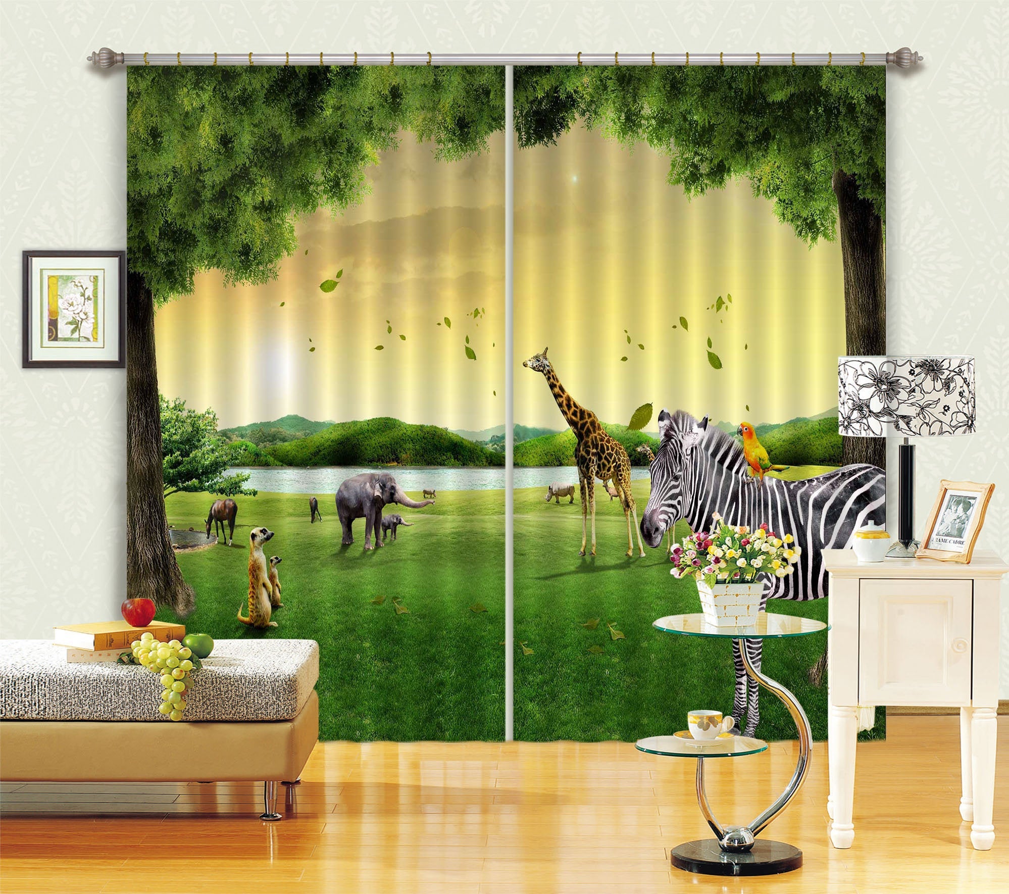 3D Animals With Trees C229 Blockout Photo Curtain Print Curtains Drapes Fabric Window | 3D Large Photo Curtain, Jess Art Decoration Wallpaper