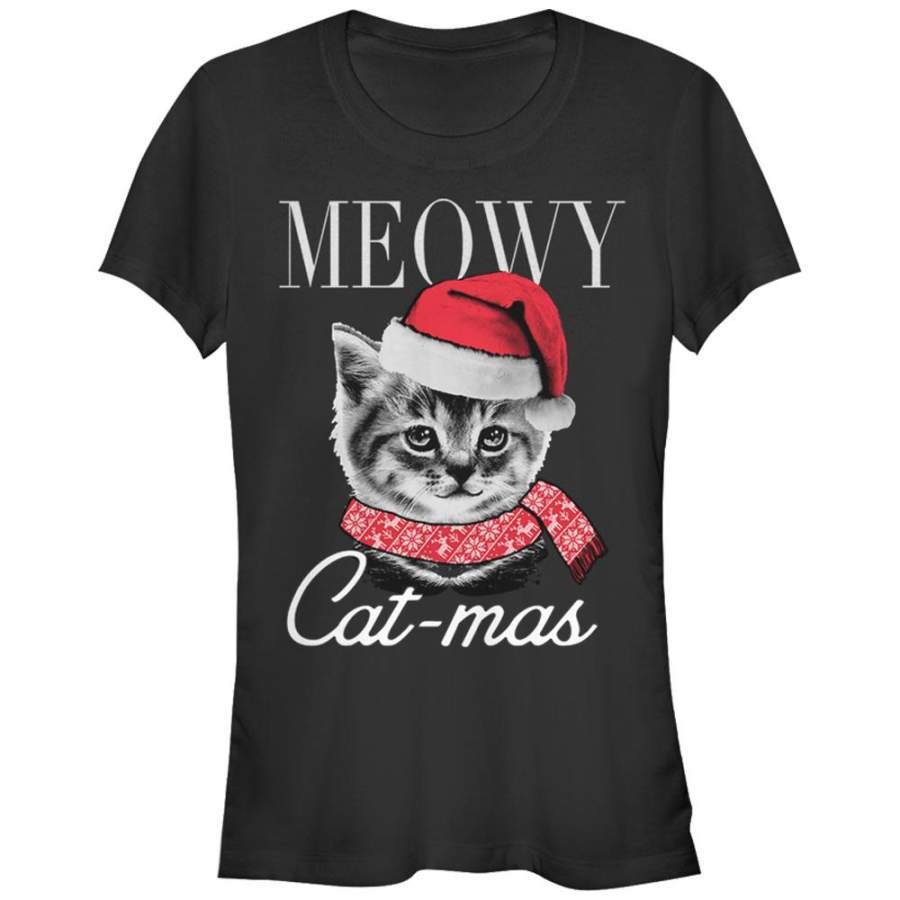 Lost Gods Junior’s Christmas Cat Meowy Catmas  T Shirt Black S