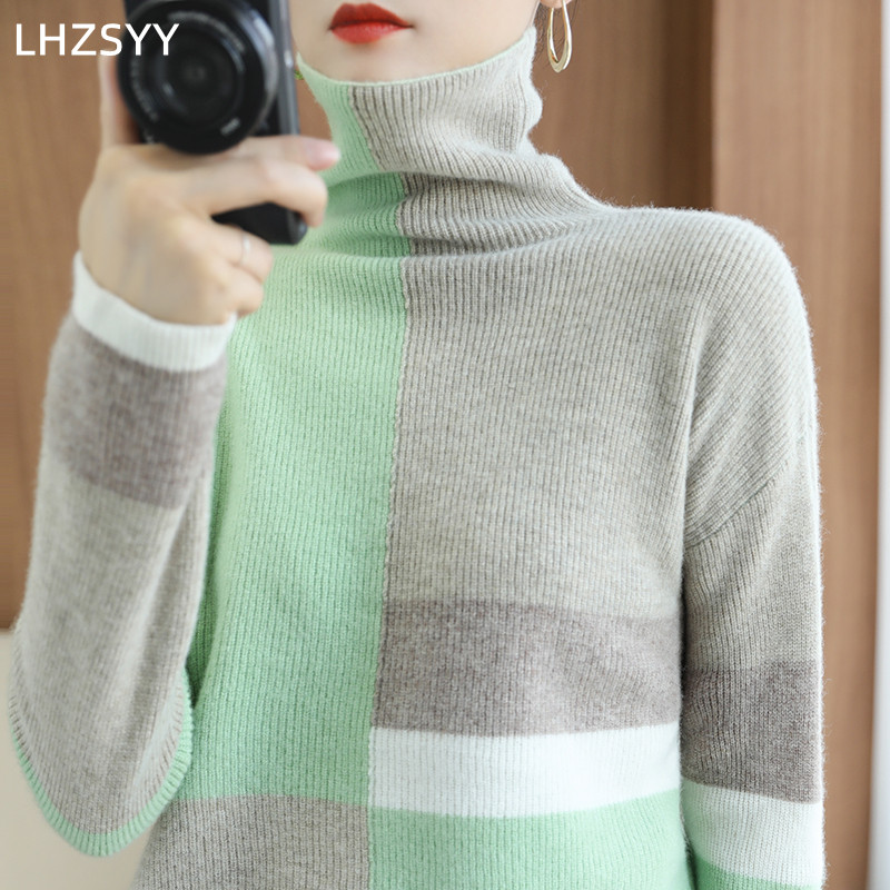 100% Pure Wool Pullover Women’s High-Neck Color Matching New Cashmere Sweater Fashion Warm Knitted Bottoming Shir alx