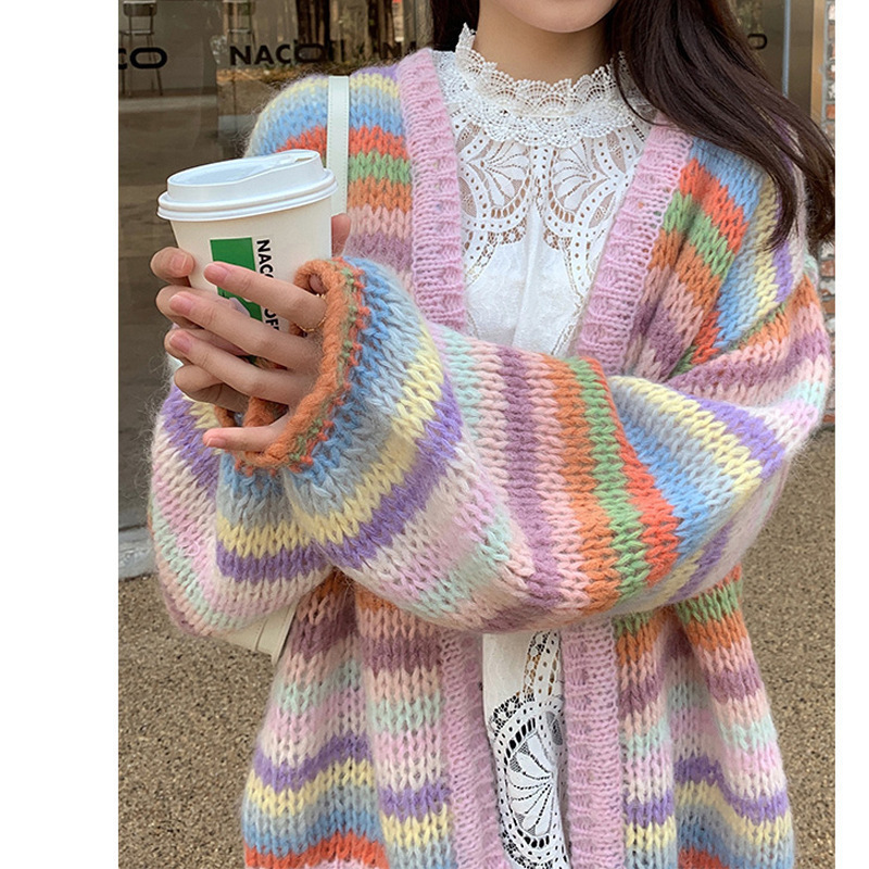 Women Clothing 2022 Spring Autumn Rainbow Striped Sweater Women New Long Loose Color Long Sleeve Knit Cardigan Jacket Sweater alx