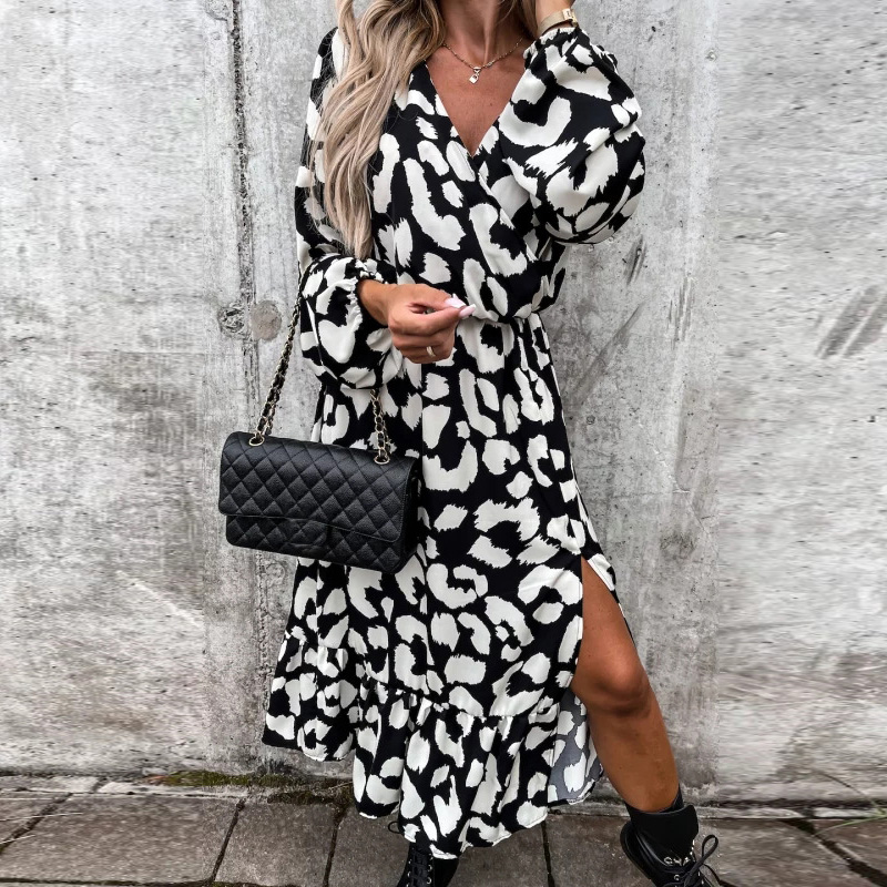 Women Long Sleeve Split Maxi Dress All Season Leopard Simple Loungewear Ladies Party Dress V-Neck Casual Streetwear Dropshipping alx