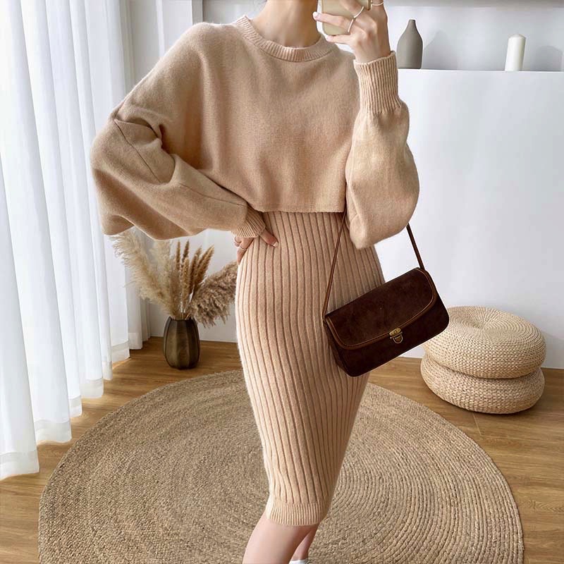 Vintage Knitted Sweater Suits Autumn Winter Korean Long Sleeve Crop Top Pullovers and Long Vest Dress Knit Two Piece Set Outfits alx