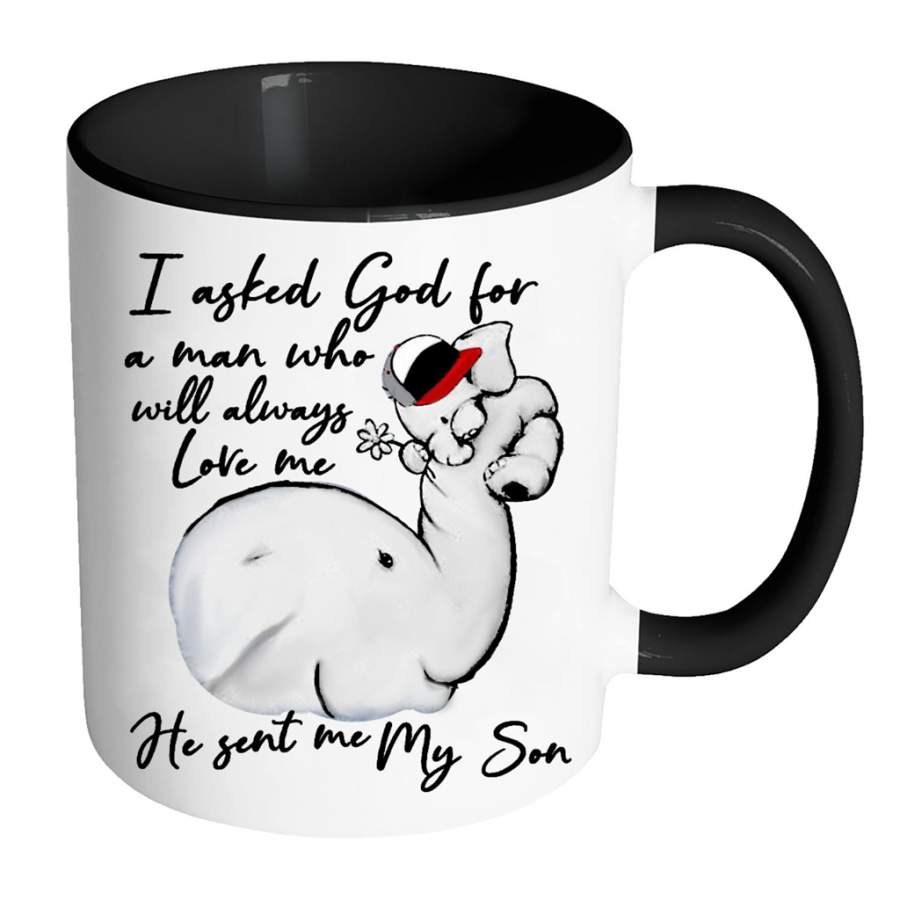 I Asked God For A Man Who Will Always Love Me He Sent Me My Son Elephant Design, Mother’s Day Gift – Full-Wrap Coffee Colors Accent Mug