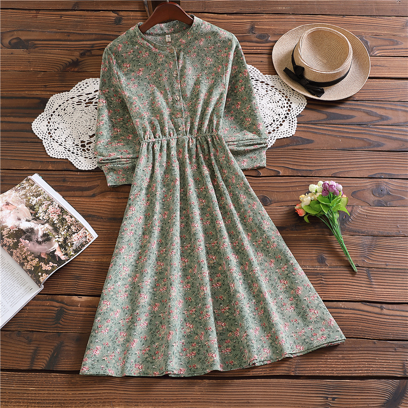 Spring autumn elegant mori girl sweet vestidos fashion design long sleeve floral corduroy dress alx