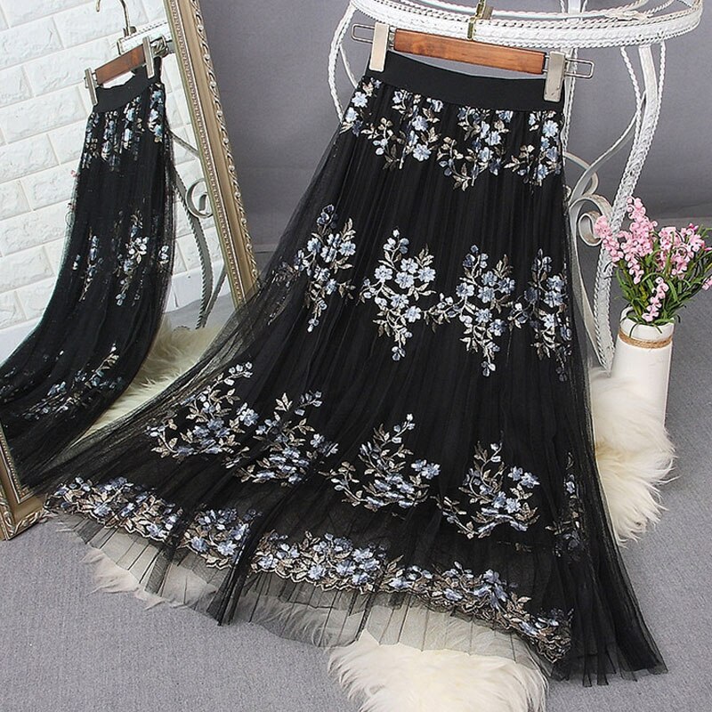 2021 Floral Embroidery Women Skirt High Waist Mesh Skirts Elegant A-line Pleated Skirts Women Jupe Femme Faldas Saias Outwear alx