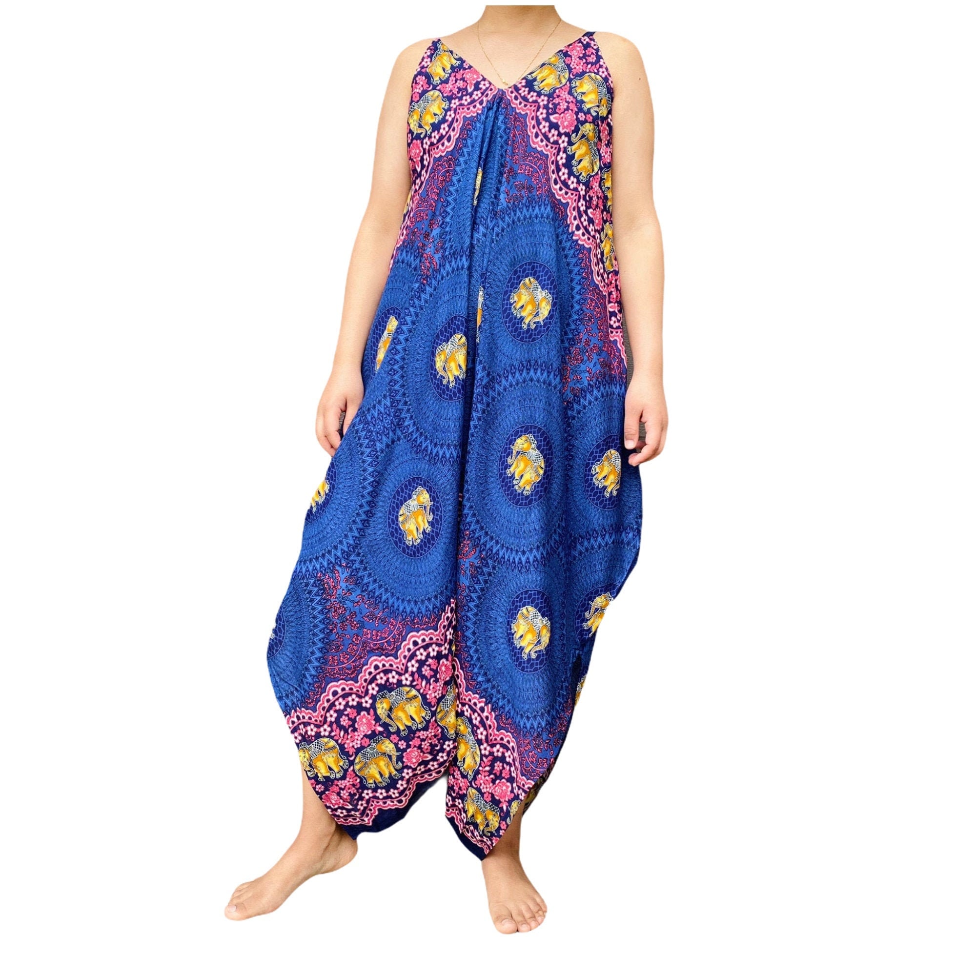 Vibrant ,Elephant Print Women Romper, Harem Bohemian Overall, Wide Leg Summer Jumpsuit, Loose Fit Harem Jumpsuit, Drop Crotch Rayon Jumpsuit