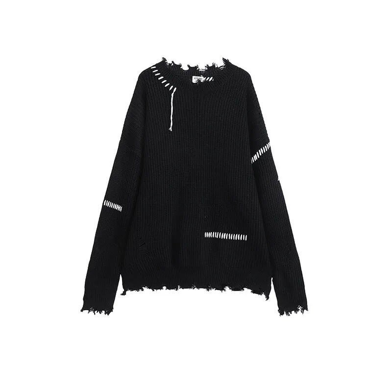 String Fringe Gothic Sweater Black Women’s Knit Pullover Long Sleeve Top Fashion Street Hole Design Loose Casual Couple Sweater alx