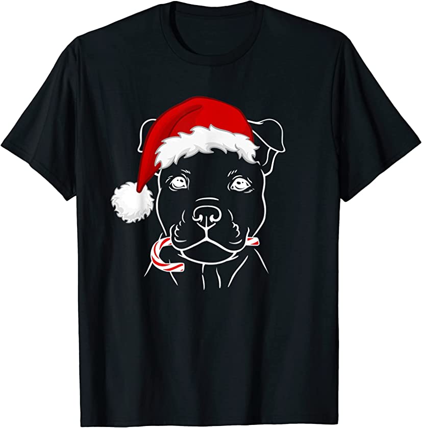 Christmas Staffy with Santa Hat and Candy Cane – Dog Lovers T-Shirt