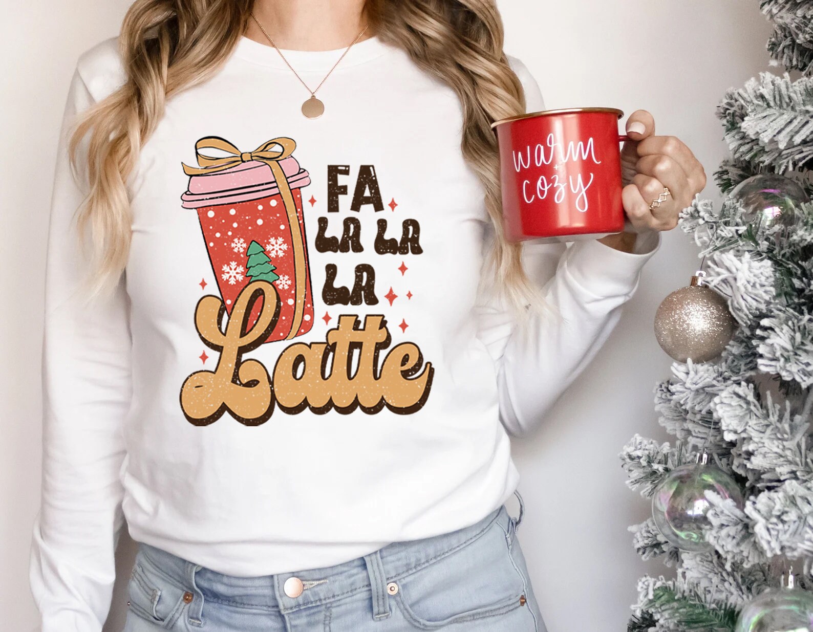 Retro Fa La Latte Christmas Coffee Shirt, Christmas Women Coffee Long Sleeve Tee, Vintage Christmas T shirt, Coffee Lover Gift