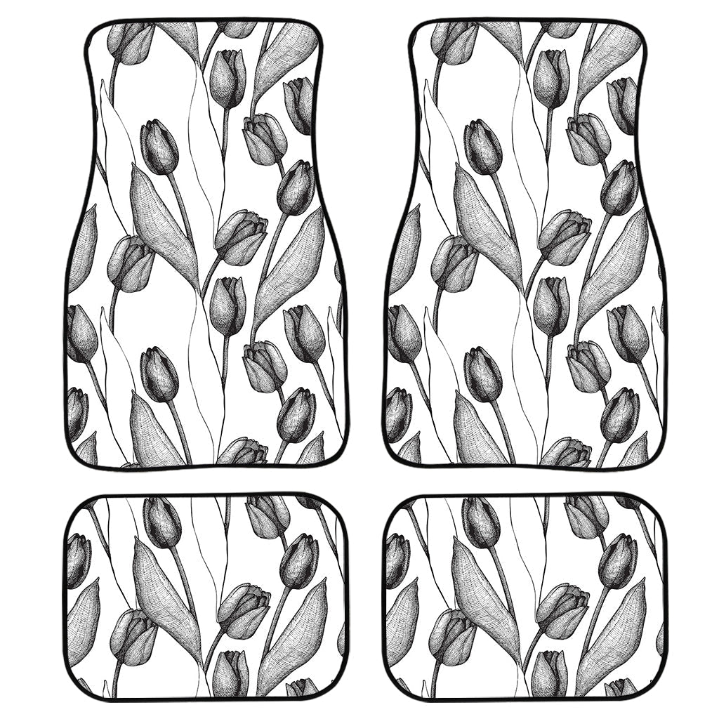 Black And White Tulip Pattern Print Front And Back Car Floor Mats, Front Car Mat