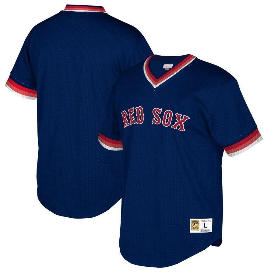 Boston Red Sox Mitchell And Ness Big And Tall Cooperstown Collection Mesh Wordmark V-neck Jersey – Navy Color