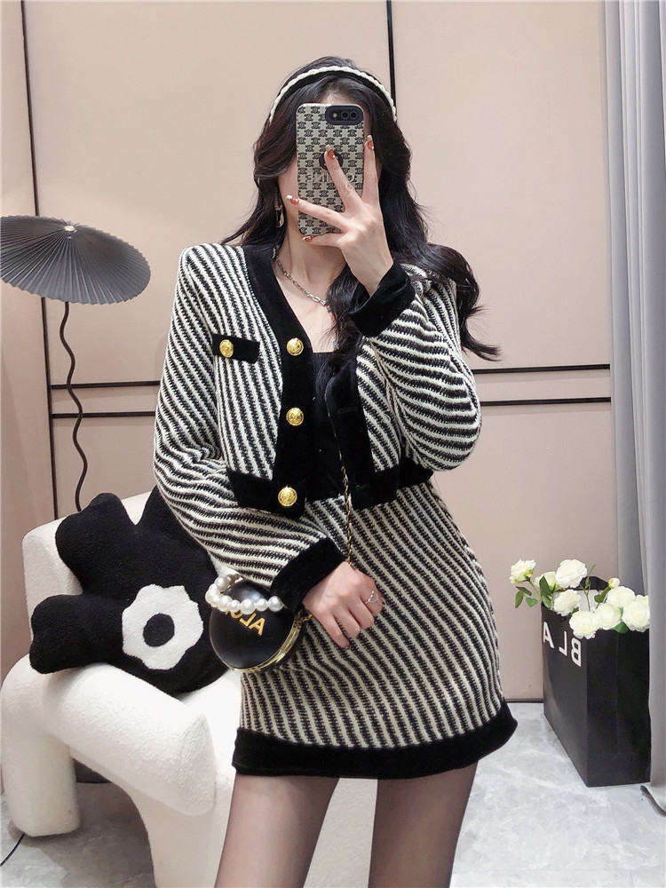 Vintage V Neck Tweed Striped Coat Woolen Jacket Women Short Hip Skirts Sets 2 Piece Suits Dress Sets alx