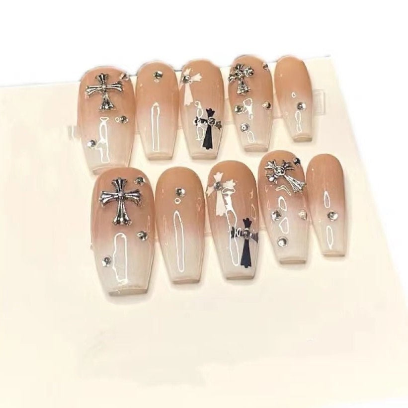 Coffin White & Beige French Chrome Style Press On Nails/Fake nails/Glue On nails #128