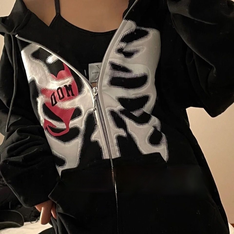 Women Autumn Hoodie Skull Print Hooded Long Sleeves Zipper-Open Sweatshirt for Girls Zip-up Y2K Harajuku Gothic Hoodies alx