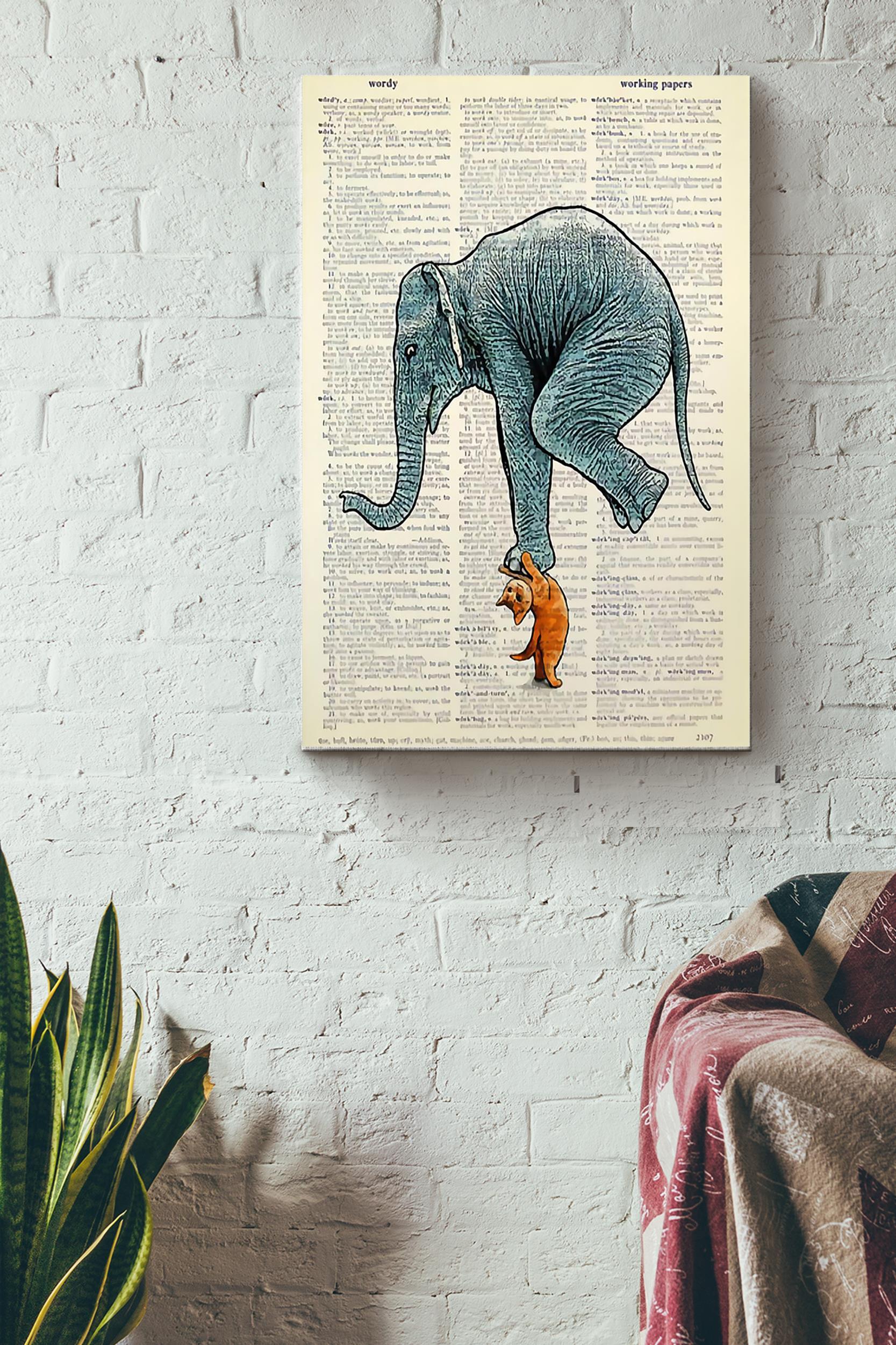 Cat Weightlifting Elephant Vintage Poster Wrapped Canvas