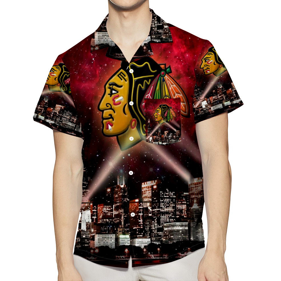 Chicago Blackhawks Emblem City Night 3D All Over Print Summer Beach Hawaiian Shirt With Pocket