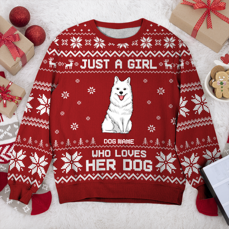 American Eskimo Just A Girl Personalized Sweater, Dog Ugly Christmas Sweater