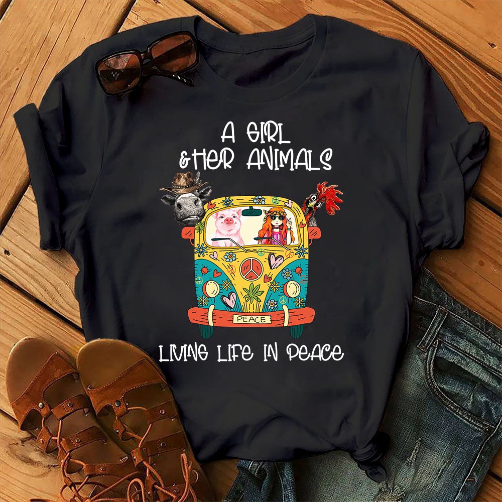 A Girl & Her Animals Living Life In Peace Funny Hippie Graphic Unisex T Shirt, Sweatshirt, Hoodie Size S – 5XL