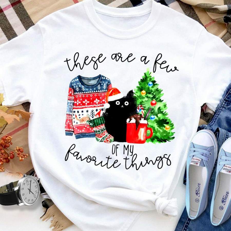 Black cat there are few favorite things xmas tree ornament coffee candy cane white cotton t shirt for men and women S-6XL