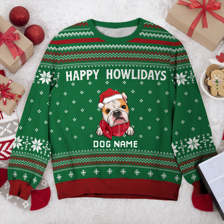 Bulldog Happy Howlidays Personalized Sweater, Dog Ugly Christmas Sweater