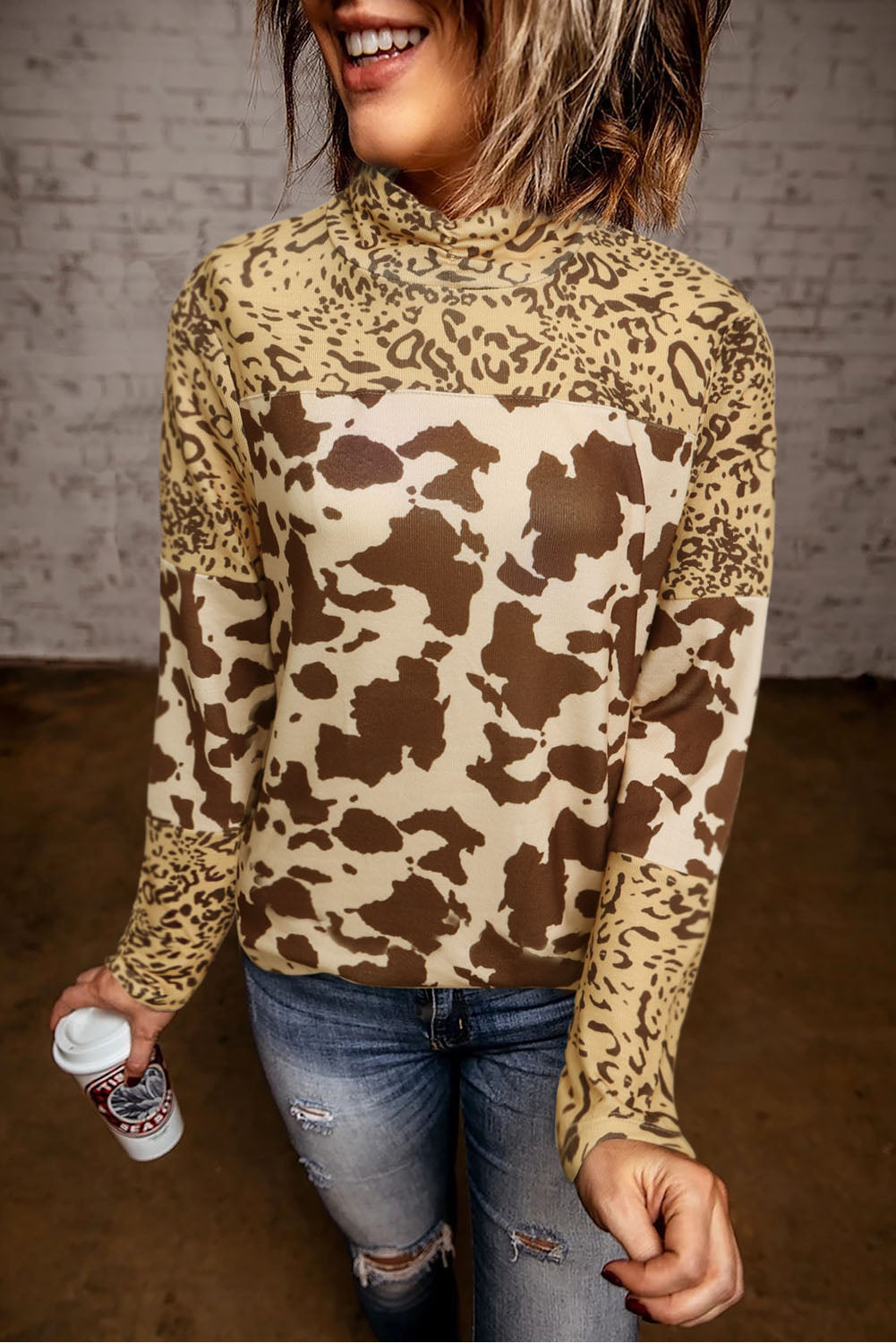 Animal Mixed Printed Long Sleeve Knit Top