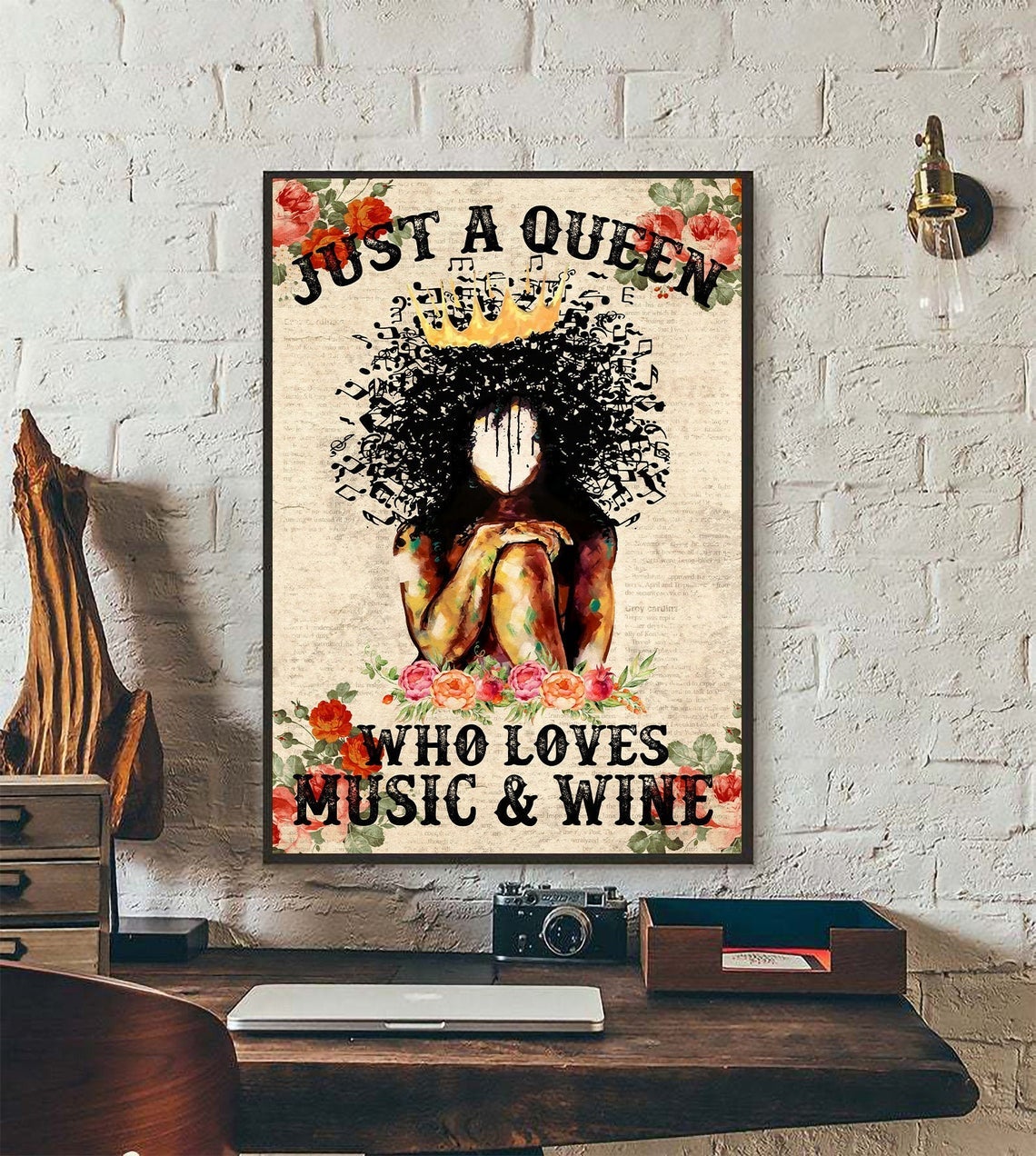 Black Girl Poster – Just A Girl Who Loves Music And Wine, Black Queen Art Print, Floral Girl Wall Art, Pot Head Music Notes Canvas And Poster, Canvas Wall Art, Wall Decor Visual Art