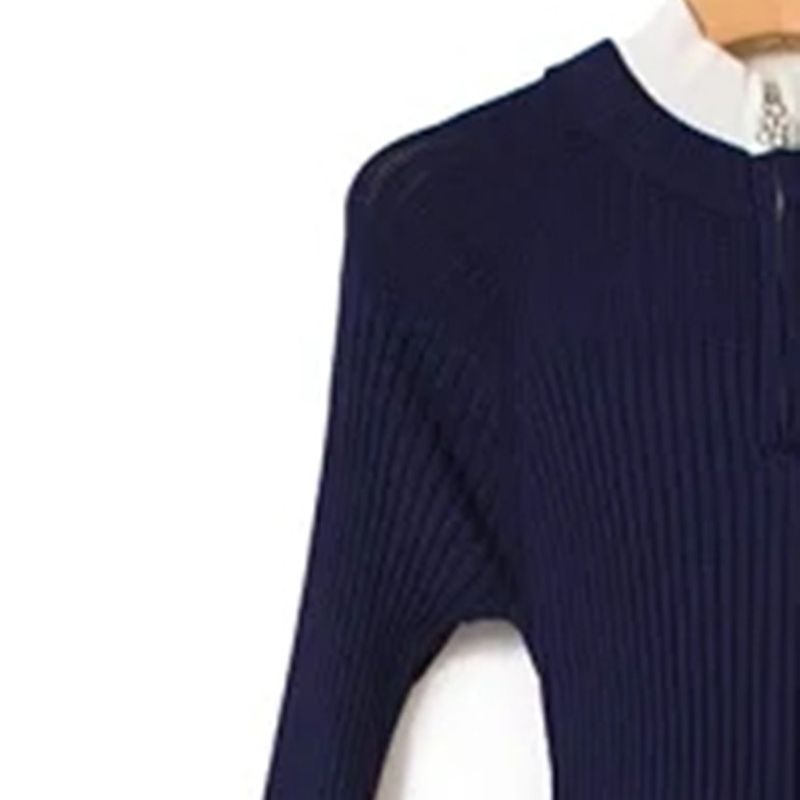 Women Dark Blue Knit Dress Stretch Fungus Rhinestone Collar Long Flared Sleeve Slim Female Robe alx