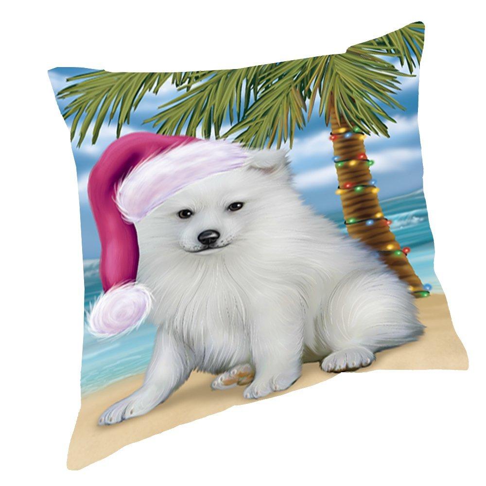 Summertime Christmas Happy Holidays American Eskimo Puppy On Beach Throw Pillow Pil1388