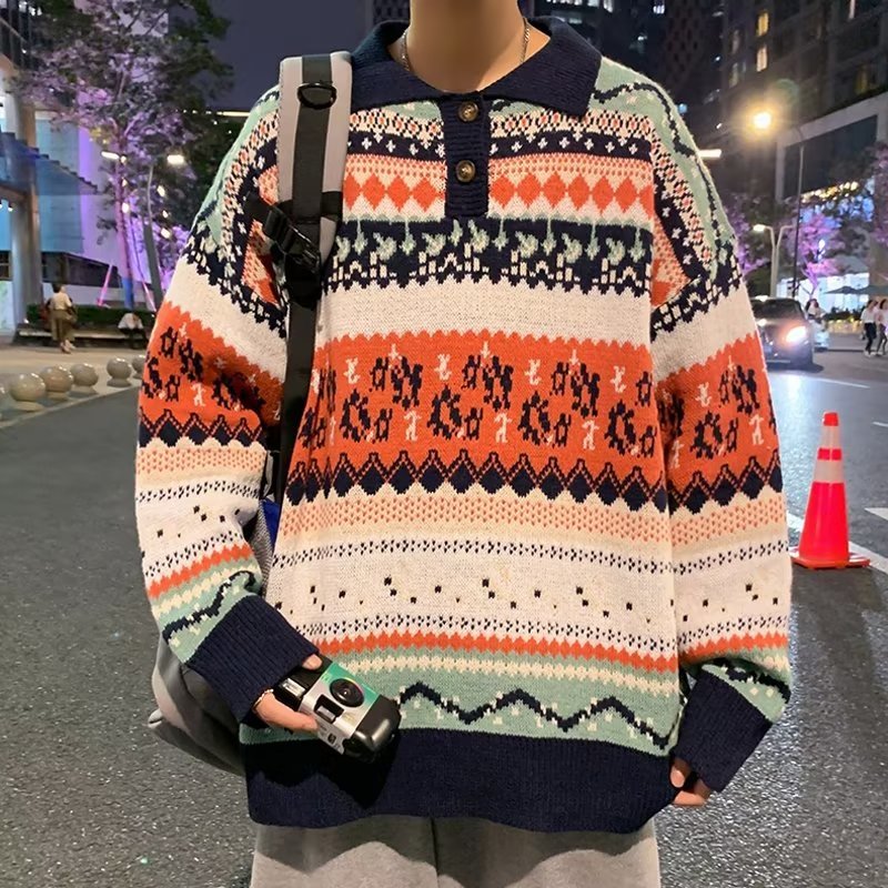 ZAZOMDE Vintage Polo Collar Pullover Geometric Jacquard Knit Sweater Men Loose Korean Fashion Tops Loose Winter Lapel Sweaters alx