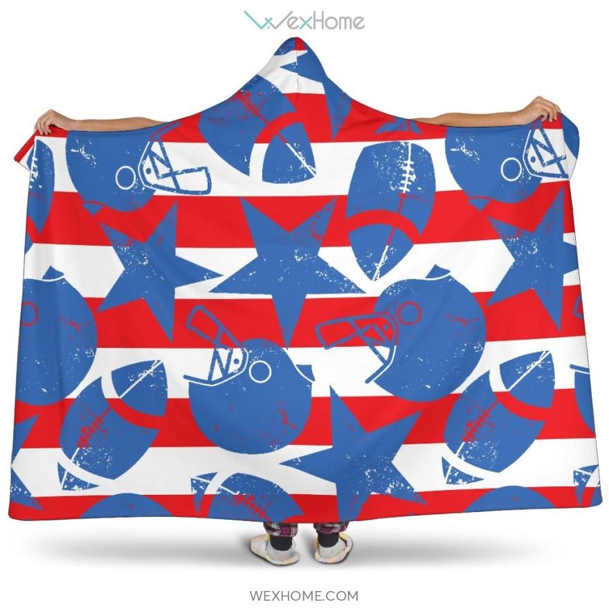 American Football Ball Star Stripes Pattern Hooded Blanket