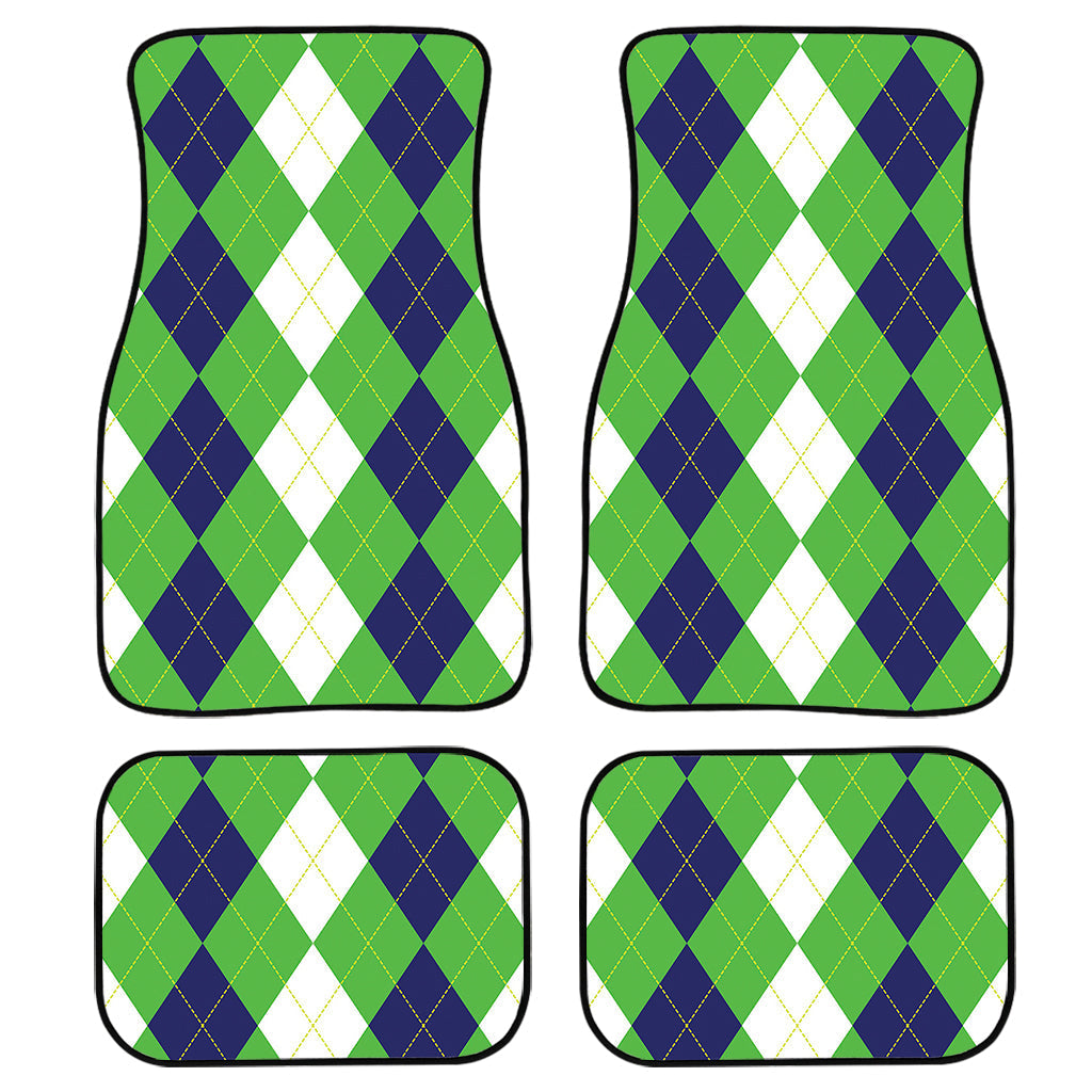 White Navy And Green Argyle Print Front And Back Car Floor Mats, Front Car Mat