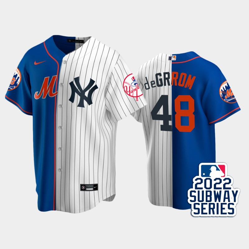 2022-23 Subway Series New York Mets 48 Jacob deGrom Split Royal White Jersey