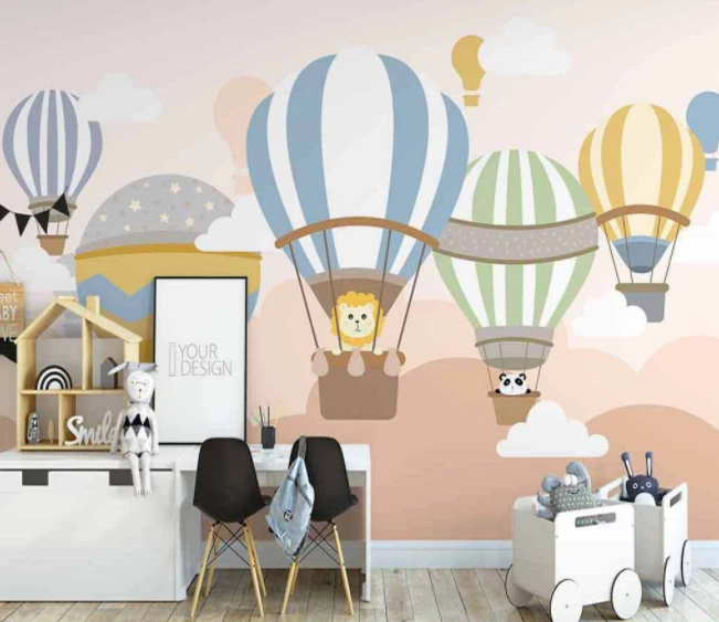 3D Cartoon Colorful Hot Air Balloon Lion Animal Wall Mural Wallpaper Lxl