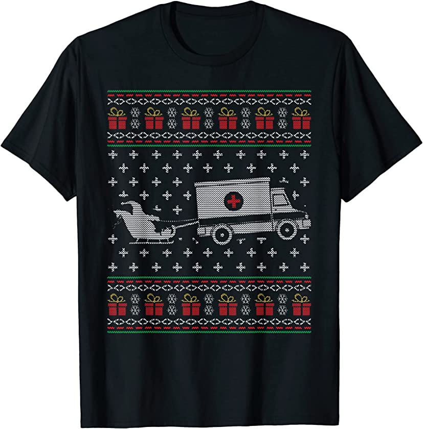 Ambulance Santa Sleigh Funny Nurses Doctor Ugly Christmas T-Shirt