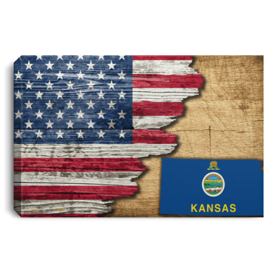 United States/Kansas Flag Ripped Effect 24X16 Inches  Landscape Canvas .75In Frame