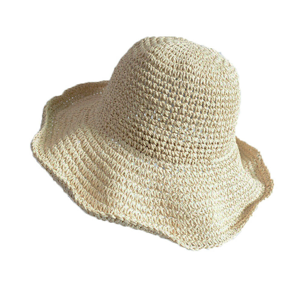 Floppy Straw Hat Women Ladies Wide Brim Beach Foldable Bow Flower Straw Sun Hat