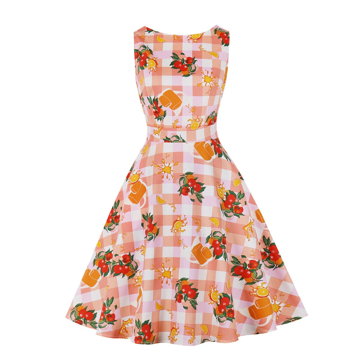 Summer Fashion Women Sleeveless O Neck Plaid Flower Printed A Line Vintage Retro Rockabilly pin up Skater swing dress alx