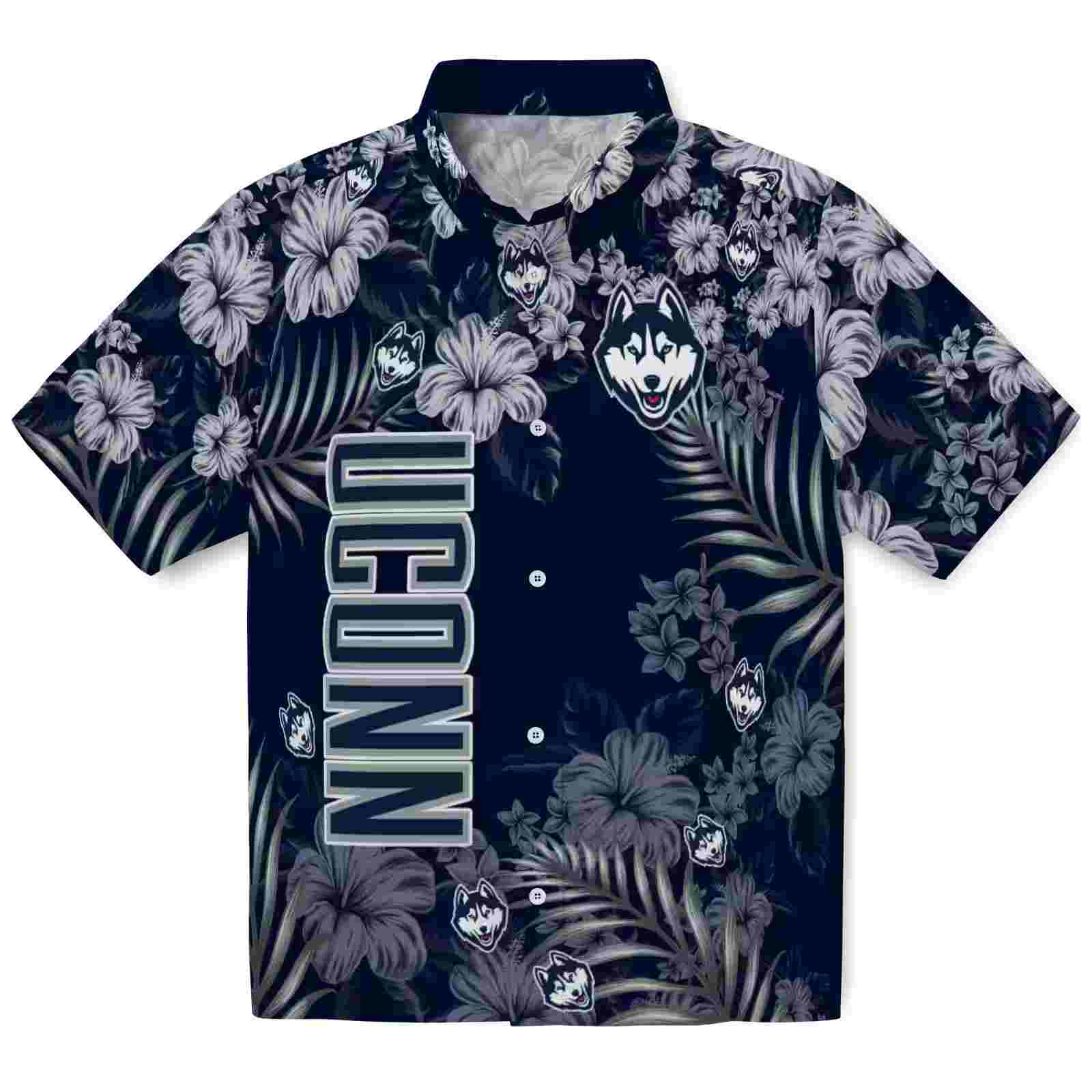 Uconn Huskies Hibiscus Print Blue Hawaiian Shirt
