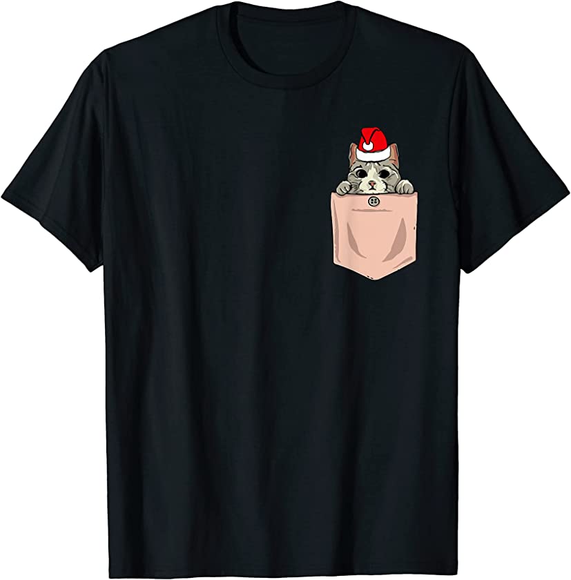 Cat Pocket Christmas Peeking Kitten Santa Hat Cute X-mas Pj T-Shirt