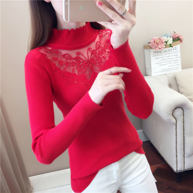 Autumn and Winter New Women’s Clothing Slim-Fit Turtleneck Pullover Bottoming Sweater Lace Stitching Long Sleeve Sweater alx